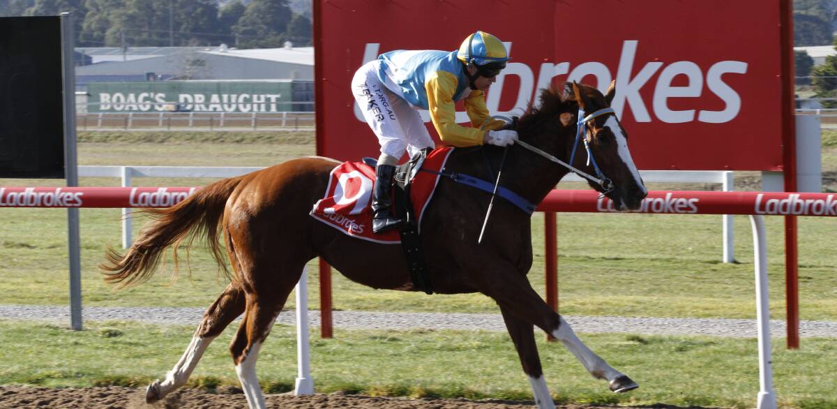 LIKE A ROCKET: There were no problems with the track at Spreyton on Sunday ... at least not for first-starter Apollo Rocket and jockey Troy Baker who scored a lucrative win. Picture: Brad Cole