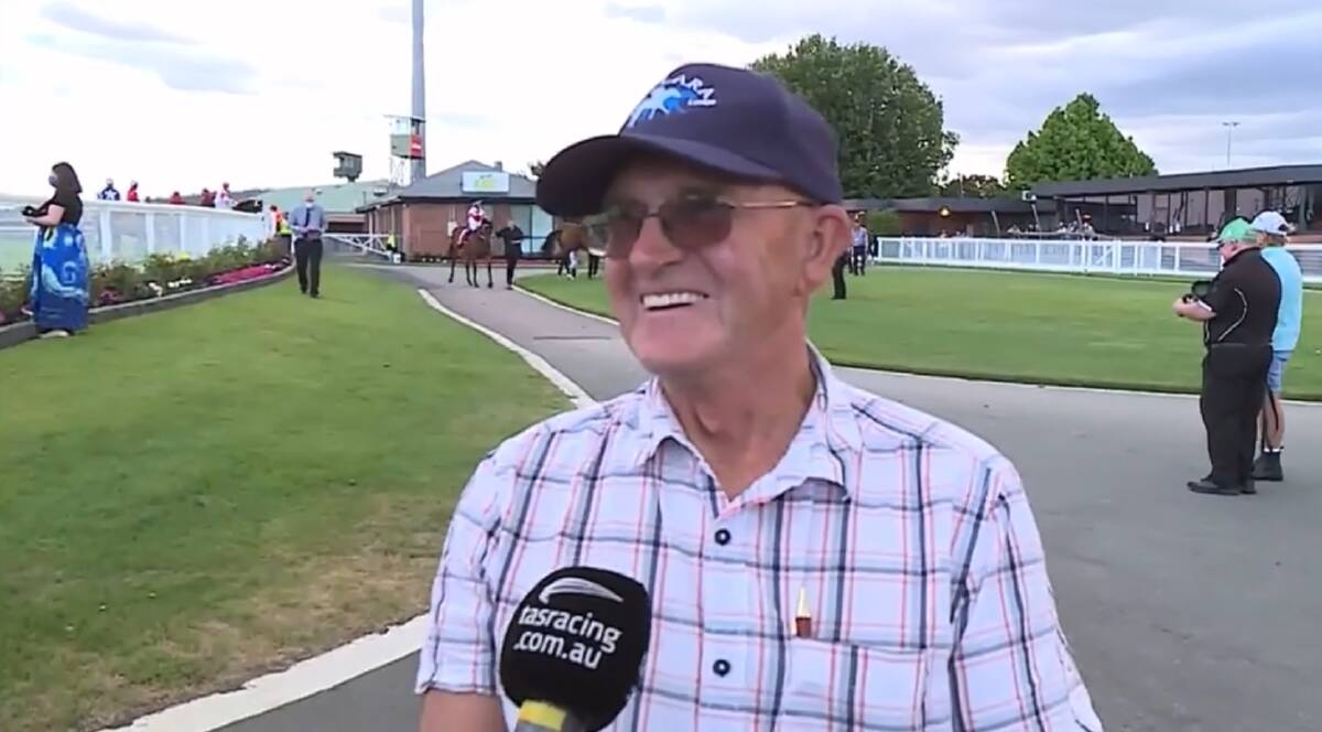 King Island trainer Jim Taylor talks to the media after winning with Let It Rip Reggie at Mowbray.