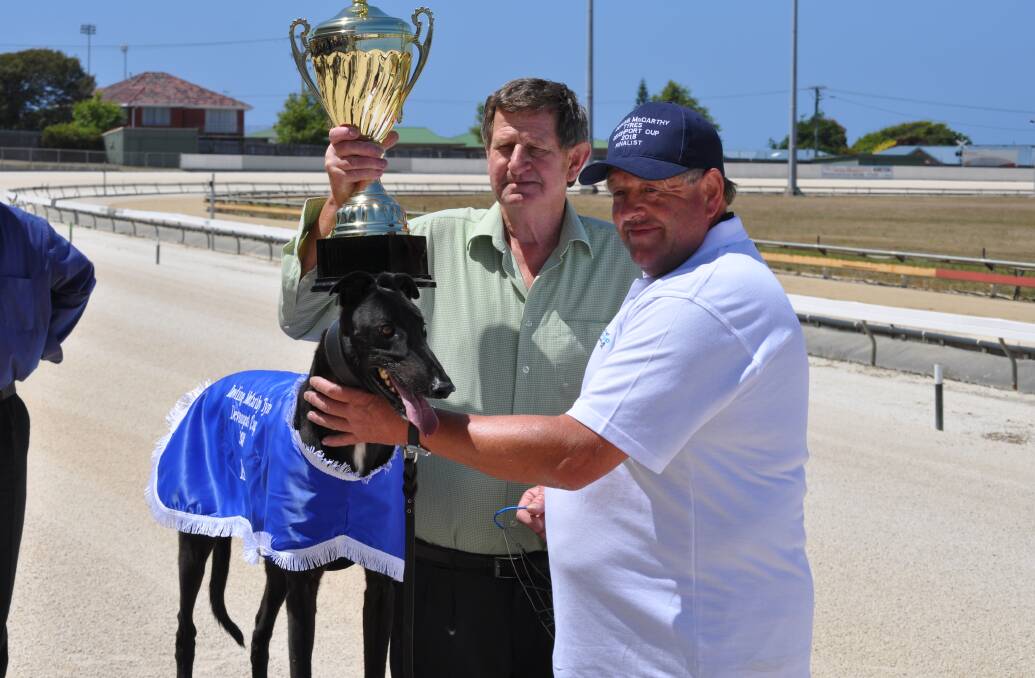 WIN No.5: Syndicate manager Murray Johnson and trainer Ted Medhurst with Devonport Cup winner High Treason. It was Medhurst's fifth win in the race. Picture: Greg Mansfield