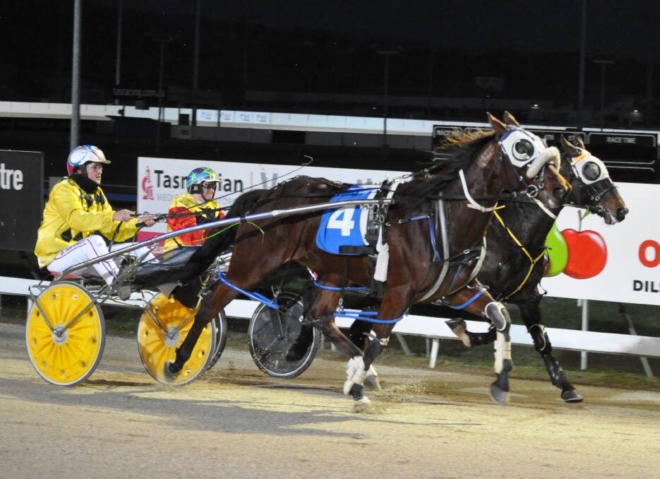 NOT UNLUCKY: Only A Myth (outside), driven by Matthew Howlett, wins the fifth heat of the Youngbloods Challenge at Mowbray on Sunday night. Picture: Greg Mansfield