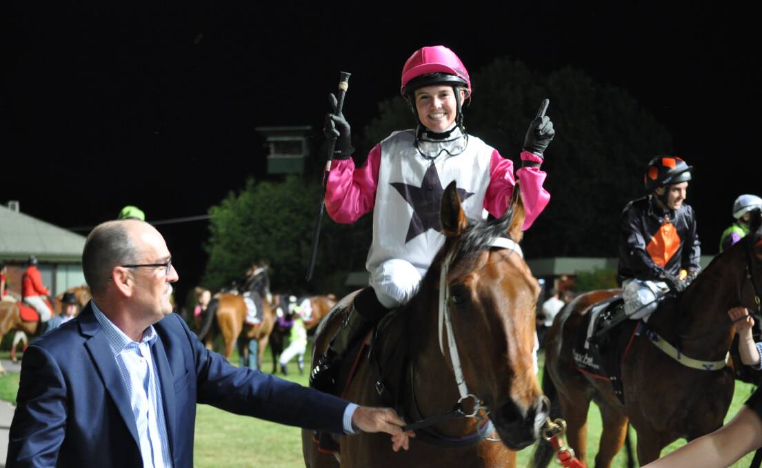 FIVE IN ROW: Trainer Glenn Stevenson leads in his Newmarket Handicap winner I'm Wesley ridden by Raquel Clark at Mowbray on Wednesday night. Picture: Greg Mansfield