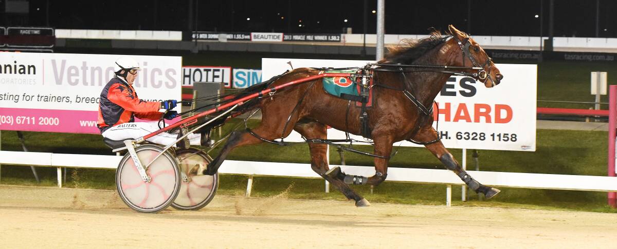 SPECIAL: Sunny Sanz, driven by John Walters, cruises to victory in the Globe Derby Stakes on Sunday night. Picture: Stacey Lear