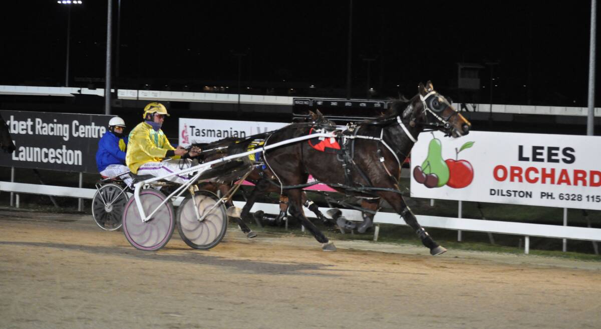 CENTURY UP: No Apachemee, driven by Rohan Hillier, gives trainer Ben Yole his 100th Tasmanian win of the season at Mowbray on Sunday night. Picture: Greg Mansfield