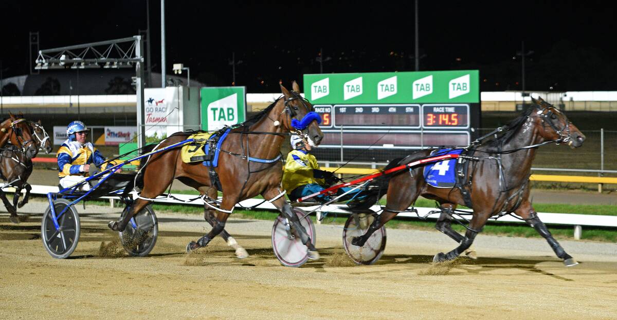 TASMANIA CUP: Shelby Bromac, driven by Kima Frenning, wins from War Dan. Picture: Stacey Lear