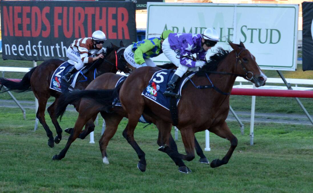 BIG PLANS: Promising filly Derasa, ridden by Craig Newitt, wins her fourth race from seven starts at Mowbray on Sunday. Connections are considering a trip to Melbourne.
