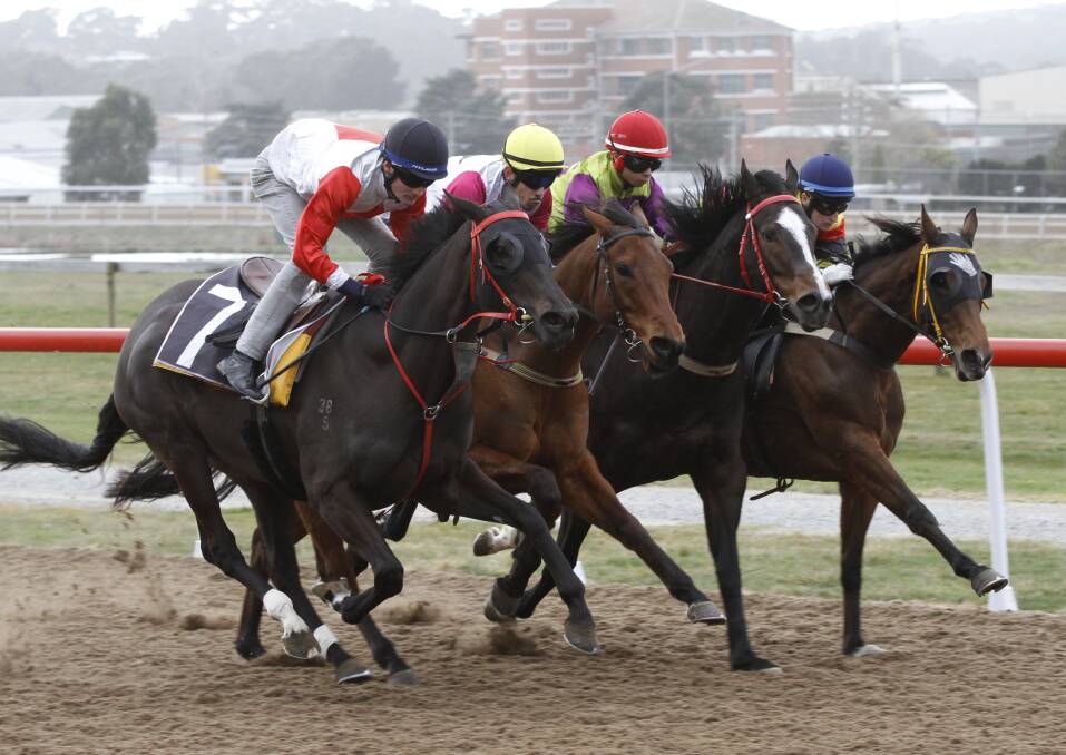 STAR LINE-UP: Mystic Journey (outside), ridden by Chris Graham, narrowly beats I'm Wesley, Gee Gee Double Dee and Pateena Arena in a barrier trial at Spreyton on Tuesday morning. Picture: Brad Cole