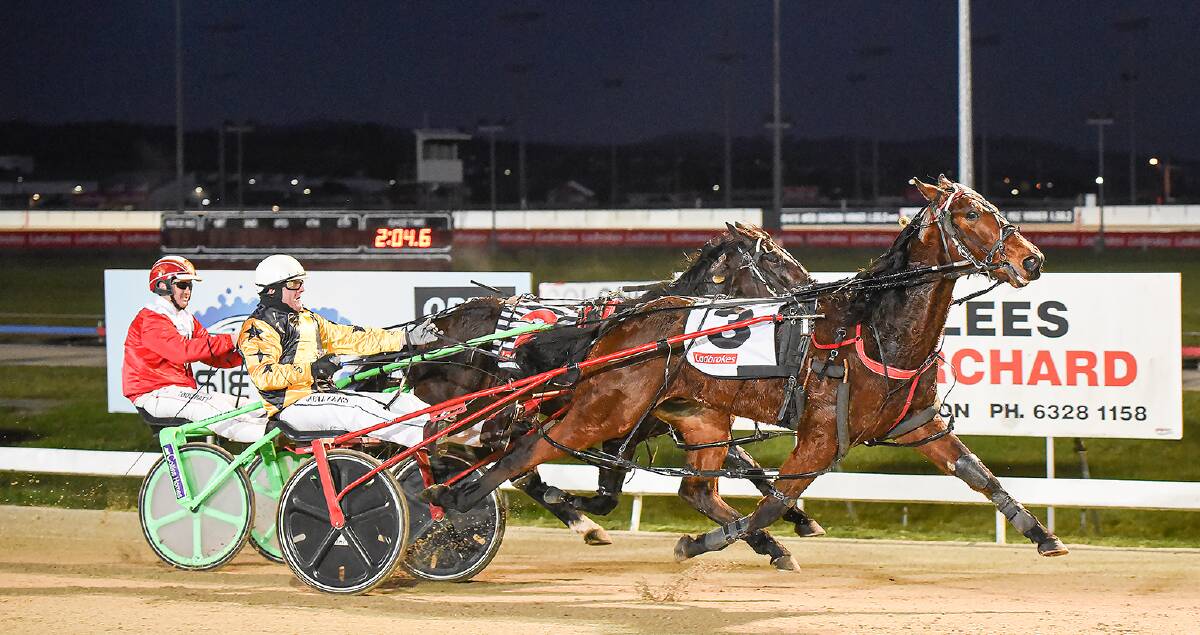 SANZ OF TIME: Stormy Sanz wins at Mowbray on Sunday night to give driver John Walters and trainer Kent Rattray the first leg of a double. Picture: Stacey Lear