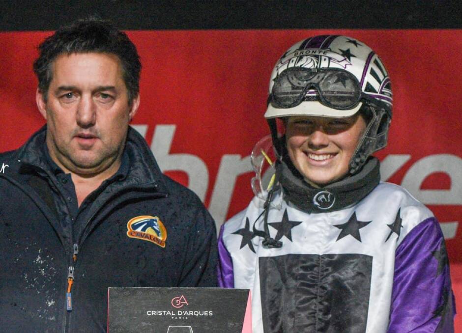 Sponsor Gary Richards and Bronte Miller after her win in the Cavalor Equicare Novice Drivers Series.