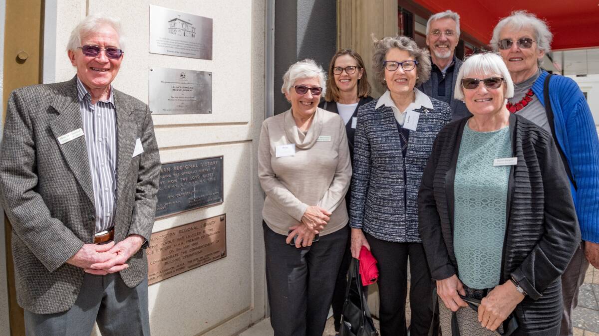 PLAQUE: Friends of the Library member Mike McCausland with Prue McCausland, Catherine Pearce, Geoff Counsell, Leonie Prevost, Marion Sergant, Virginia Greenhill at the unveil. Picture: Phillip Biggs 