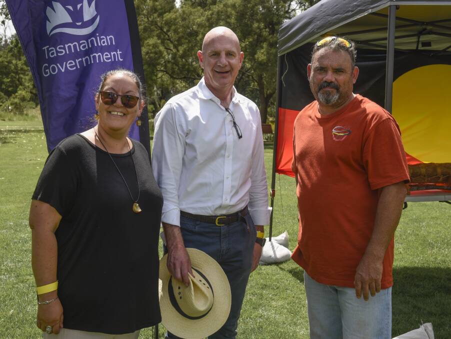 TOGETHER: Co-chairwoman of Reconcilition Tasmania Fiona Hughes, Permier Peter Gutwein and senior member of Trowunna Aboriginal Cultural Service Jason Thomas. Picture: Craig George.