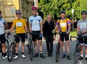 Darren Segda, John Rayner, Minister Guy Barnett, Clare Klapche, David Meadows, Adam Gourlay and Andrew Klapche ready for the 2022 PolliePedal event. Picture: Dana Anderson 