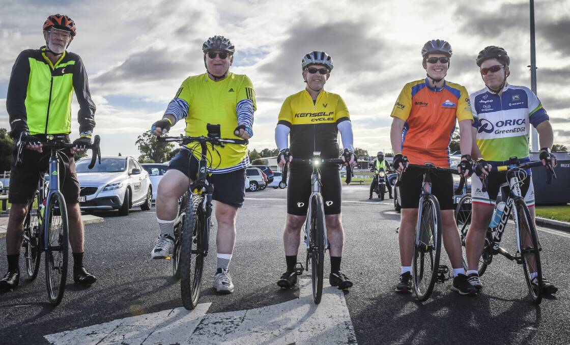 Frank Lorhey, Kuli Nski, Stuart Edwards, and Lachlan and Scott O'Brien before their ride. Picture: Craig George