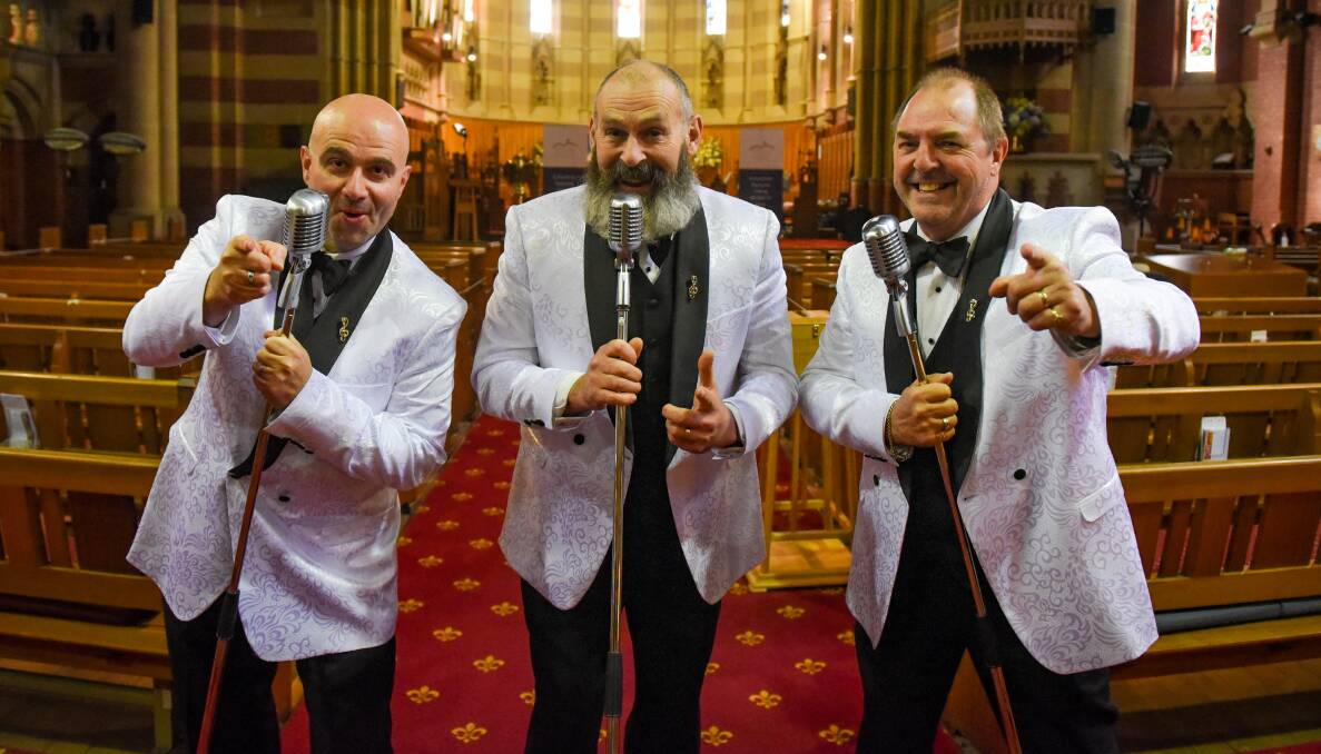 Croon stars John Xintavelonis with Andrew Colrain and Colin Dean at St Johns Church, Launceston. Picture: Paul Scambler. 