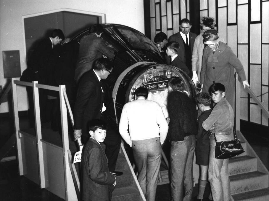 View of the US NASA Gemini 10 space capsule on display at the Queen Victoria Museum, Launceston, Tasmania, May 1967. Picture: Whitelaw's Studio