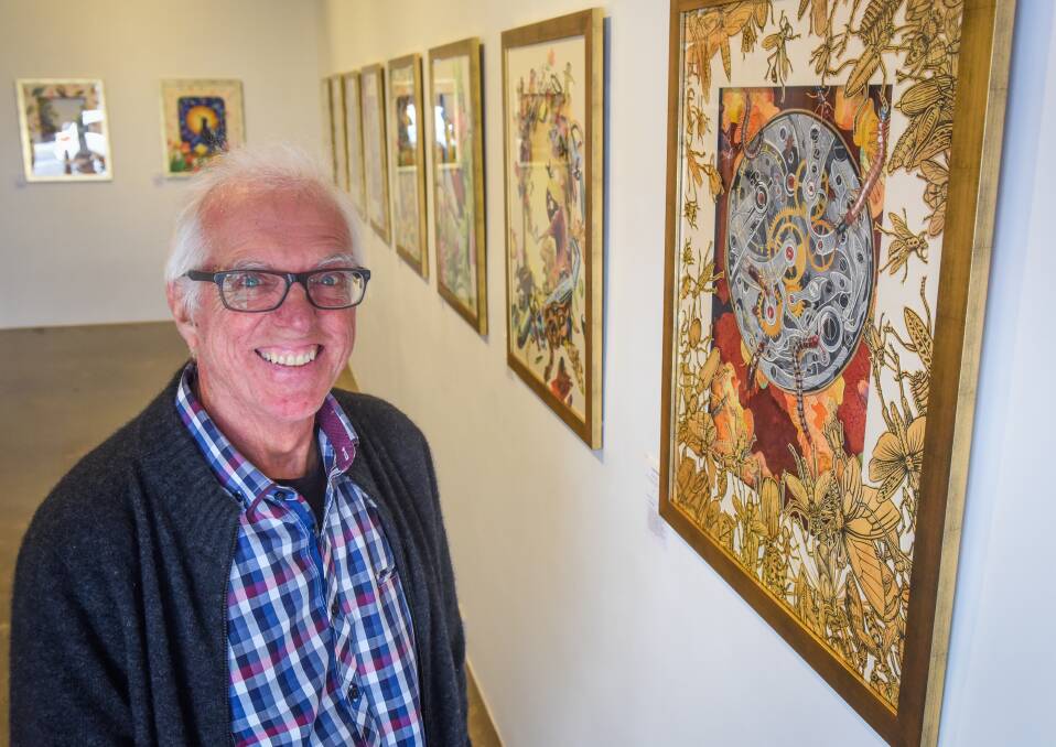Artist Graeme Whittle with his exhibition of Animals at Gallery Pejean, George Street in Launceston. Picture: Paul Scambler.
