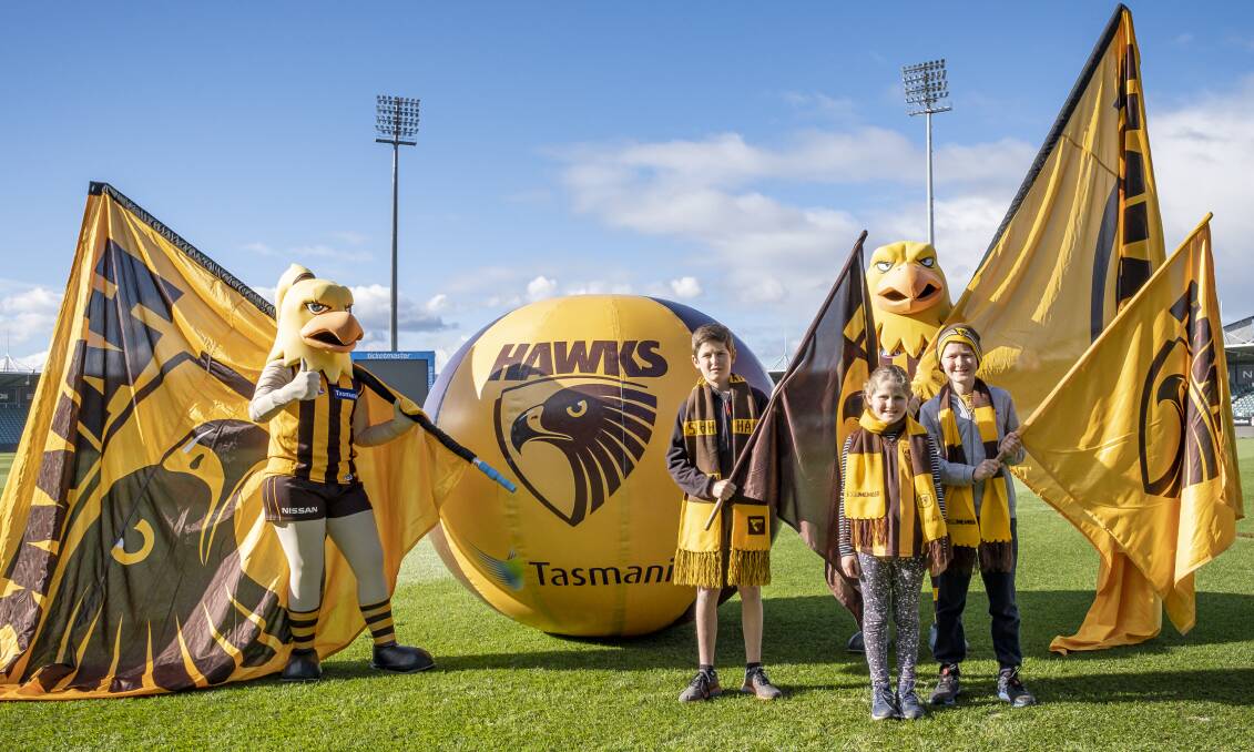 James, 12, Kate, 9, and Ben Watson, 11, excited to attend the Hawthorn match for free on Saturday. Picture: Craig George