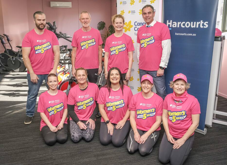 Dan Taylor, Mayor Albert van Zetten, Cancer Council Tasmania chief executive Penny Egan, Jeremy Wilkinson, Sinead Tracey, Michelle Manz, Marie Burt, Fiona Allen and Danielle Bywaters supporting launch of Women's 5K event. Picture: Craig George 