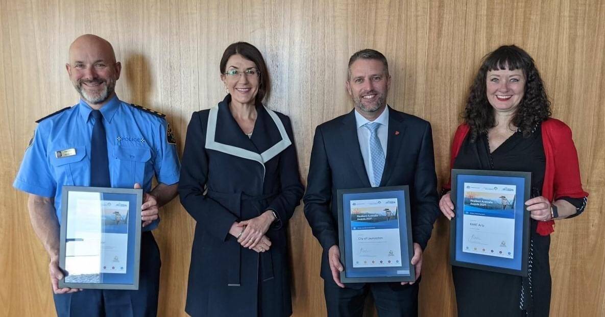 Tasmania Police's Tony Kay, Minister for Police, Fire and Emergency Management Jacquie Petrusma, City of Launceston's Peter Denholm, and RANTS Arts' Karen Revie. Picture: Supplied 