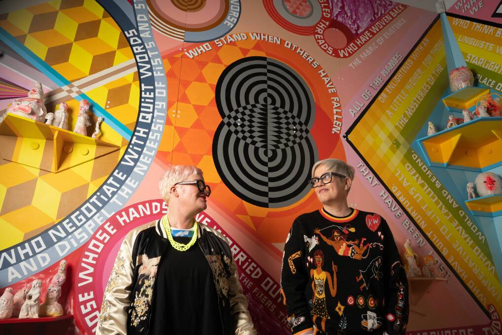 Artists Mish Meijers and Tricky Walsh with their work A new kind of union. Picture: Jacob Collings