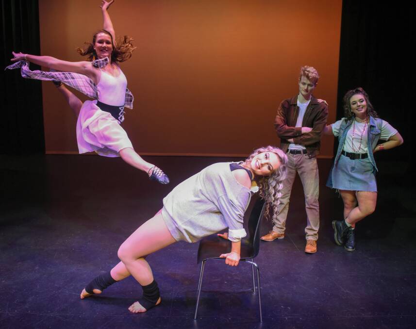 COME HOME: Highland dancer Elie Roe Daniel with Launceston College students Elise Colka who plays Alex, Heath de Haan who plays Nick and Chelsea Fensom who plays Gloria in the musical Flashdance. Picture: Paul Scambler. 