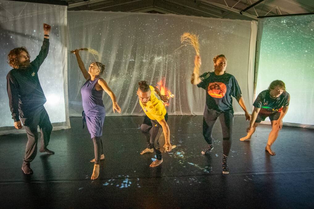 Dancers Harley Mansell, Janice Ross, Nathan Pitchford, Sinsa Mansell and Jamie Graham-Blair perform part of work by pakana kanaplila and Tasdance for 2022 Mona Foma. Pictures: Paul Scambler