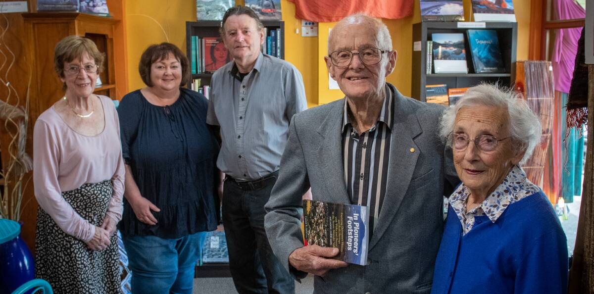 Graeme Davis, the 95-year-old author of In Pioneers' Footsteps, with wife Bev, 91, joined by supporters and friends Patricia Woods, Leanne Selvadurai and Philip Browne. Picture: Paul Scambler 