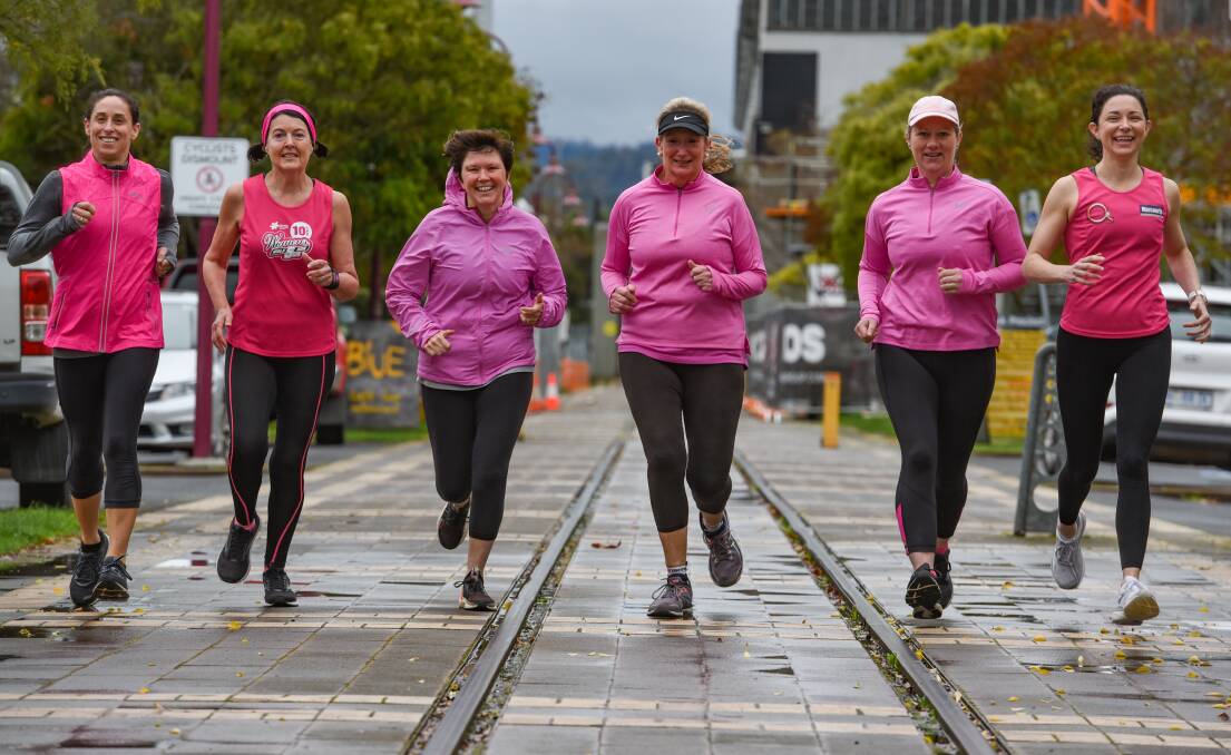 ON TRACK: The Fit n Kicking team Meg Culhane, Tamara Webb, Amanda Watson, Sue Walley, Jane Brown and Katy Dyson in the Cancer Council Women's 5Km run at Inveresk. Picture: Paul Scambler. 