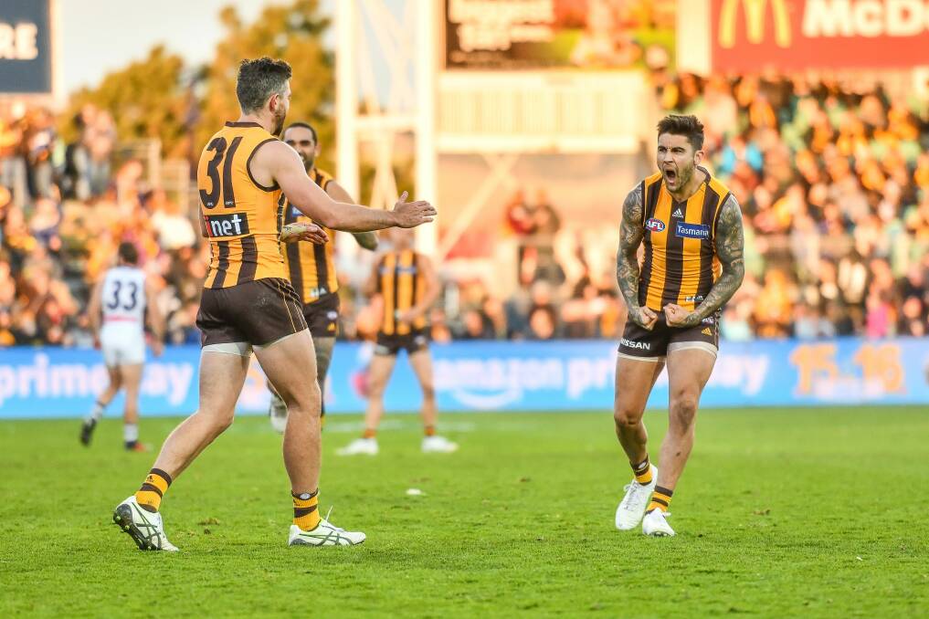Chad Wingard celebrates a goal on a previous visit to UTAS Stadium. Picture: Supplied