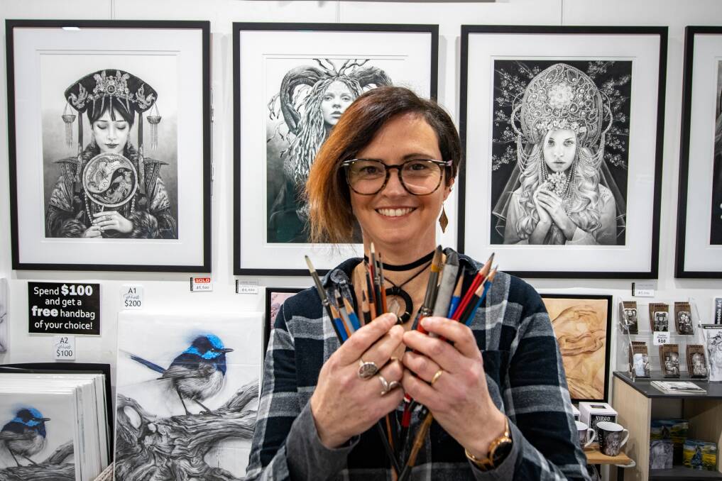 Fiona Francois with her work at Deloraine. Pictures: Paul Scambler 