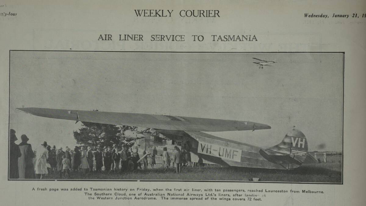 The photo featured in the Weekly Courier of Kingsford Smith's Southern Cloud when the hsitorical flight from Melbourne reached Launceston in 1931. Picture: Supplied