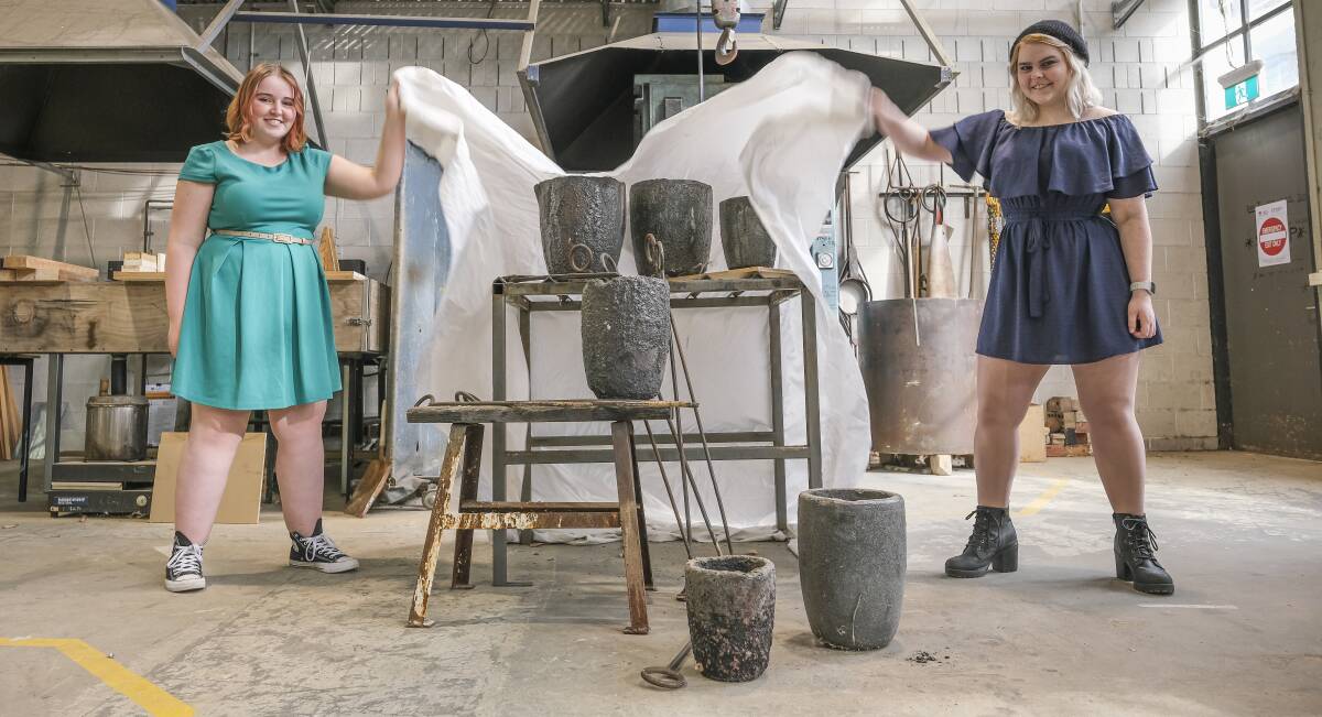 Performing arts theatre major students Hazel Butchart, 22, and Ashley Eyles, 20, rehearsing for their upcoming play Set in Stone. Picture: Craig George