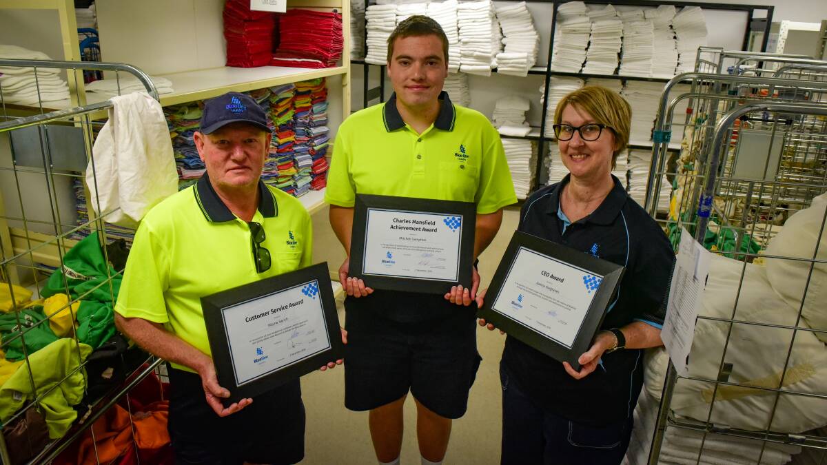 Presentation of the Blueline Laundry Employee Achievement Awards to Wayne Sarich, Mitchell Samphier, and Joanna Hargraves. Picture: Paul Scambler