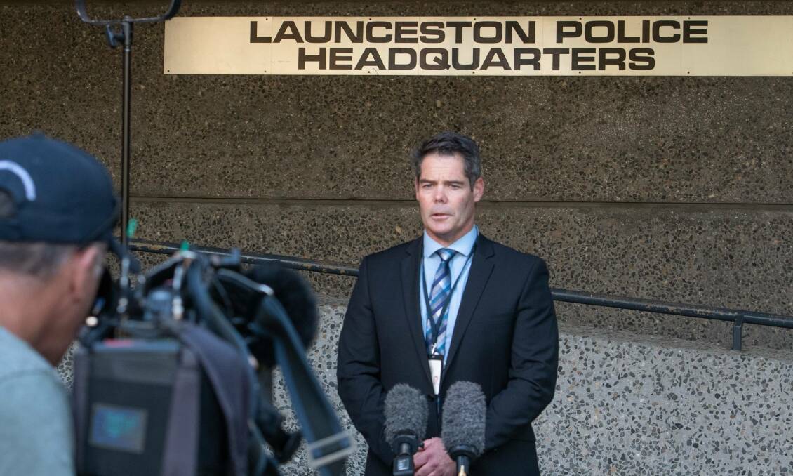 Detective Sergeant Glenn Evans addresses media outlets in Launceston. Picture: Paul Scambler