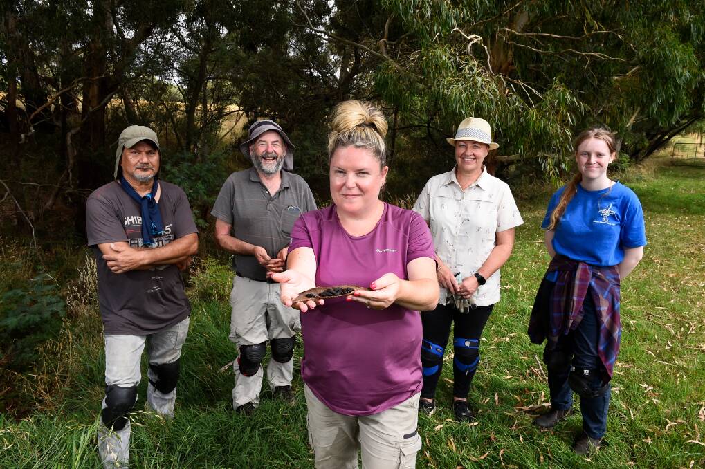 SEARCH FOR POO: University of Melbourne researcher Louise Jory with volunteers from Friends of Canadian Corridor Greg Wie, Jeff Rootes, Jodie Cambrey and Freya McBurney. Picture: Adam Trafford 