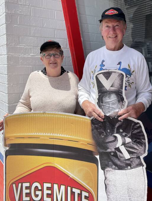 June and Peter Crohan drove to Beaufort from Belgrave to donate his collection of Vegemite memorabilia. Picture: supplied. 