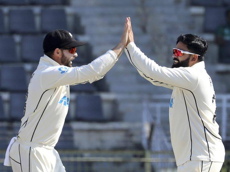 Ajaz Patel (r) has spun NZ into a strong position early on day one of the second Test in Bangladesh. (AP PHOTO)