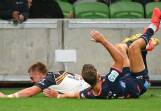 Charlie Cale scored twice as the Brumbies crushed the Rebels in their Super Rugby Pacific opener. (Morgan Hancock/AAP PHOTOS)