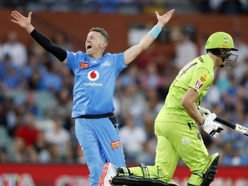 Peter Siddle of the Strikers celebrates the wicket of Daniel Sams of the Thunder.
