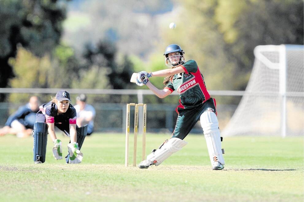 Launceston's Maddie Chick bats in front of Riverside wicketkeeper Emma Manix-Geeves.