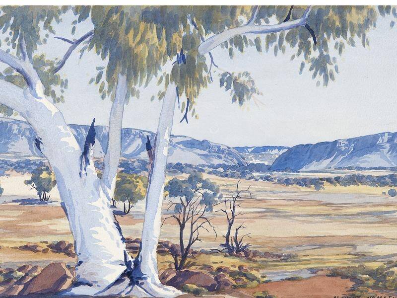 A moody depiction of the MacDonnell Ranges is among the Albert Namatjira watercolours at the NGV. (HANDOUT/NATIONAL GALLERY OF VICTORIA)