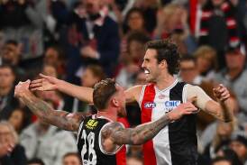 St Kilda's Tim Membrey (left) and Max King celebrate a goal in their MCG win over Collingwood. (Morgan Hancock/AAP PHOTOS)
