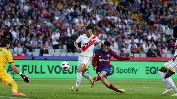 Pedri scored for Barcelona in their 3-0 rout of Rayo Vallecano in the Spanish league. (AP PHOTO)