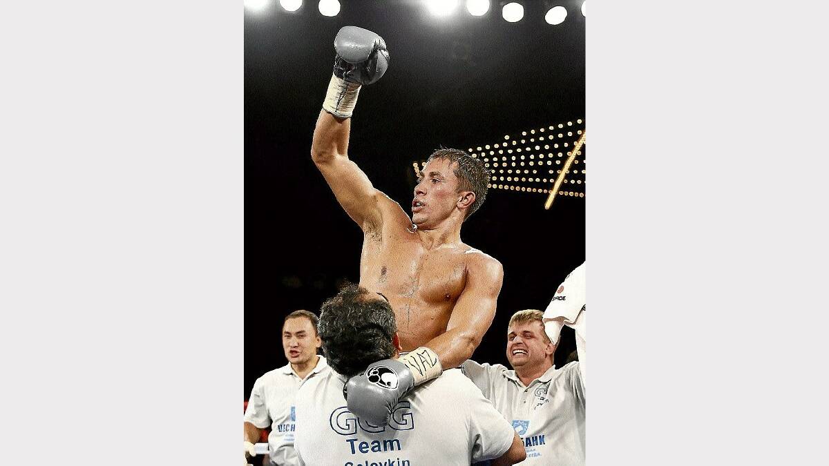Gennady Golovkin celebrates another knockout win. The undefeated Kazakh has knocked out 26 of his 29 victims on his way to becoming the WBA and IBO middleweight champion. Picture: GETTY IMAGES.