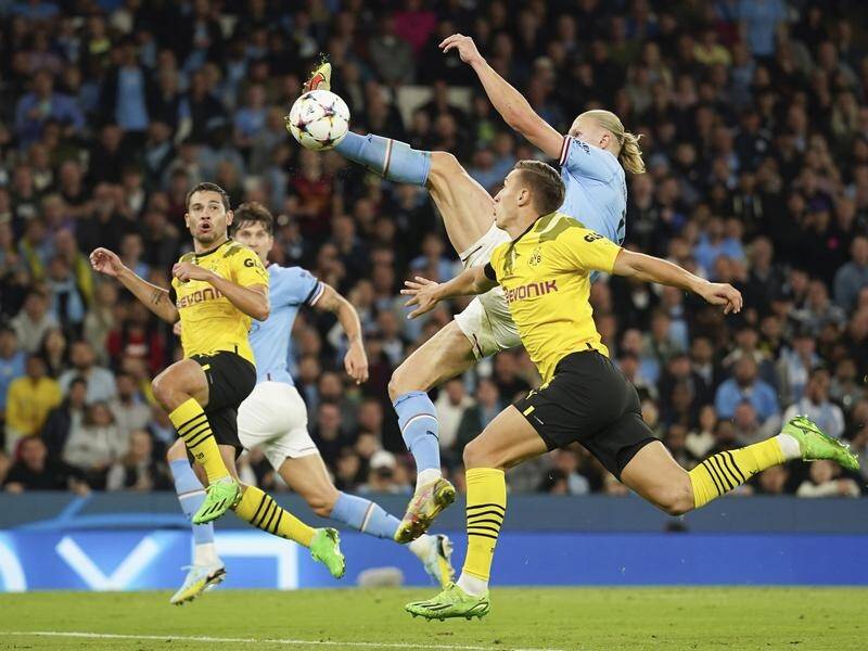 Erling Haaland scoring his amazing Champions League mid-air winner against Borussia Dortmund. (AP PHOTO)