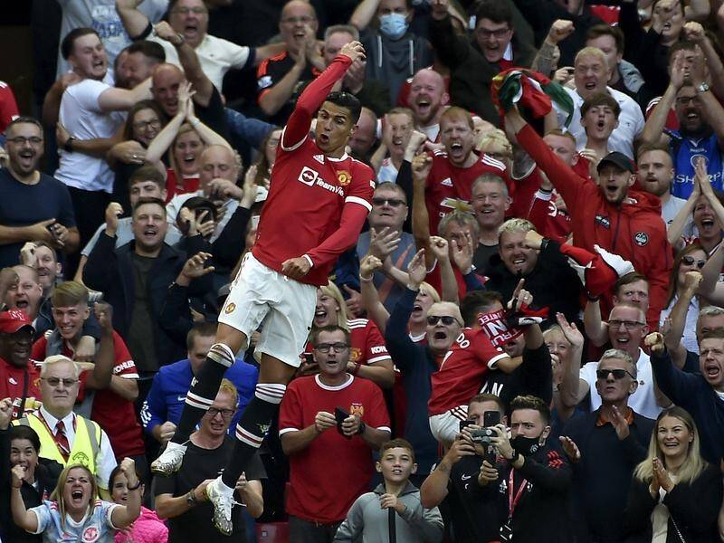 Rocket man Cristiano Ronaldo celebrates his second goal on his dream return to Old Trafford.