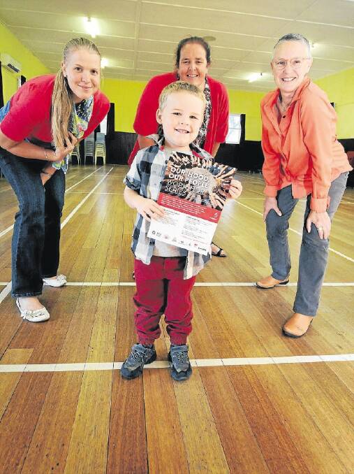 27/02/15 photo by  Geoff Robson.story by M Dadson.10 Days on the Island Preview of Community Dance Workshops by Tasdance at the Rocherlea Community Centre. Locals Caroline  Goodyer,  Zack Goodyer 3, Mary Challis from the Rocherlea Community Centre and from Tasdance Annie Greig.