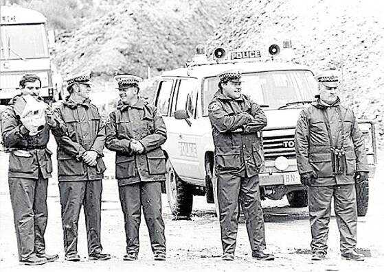 Police monitor the No Dam Rally at Queenstown in 1981.
