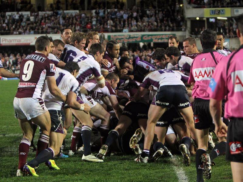 The 2011 Battle of Brookie started with punches by Manly's Grenn Stewart and Melbourne's Adam Blair.