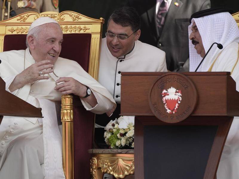 Pope Francis says religious leaders cannot support wars and has criticised a new race to rearm. (AP PHOTO)