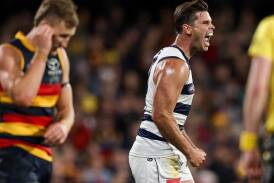 Geelong's Tom Hawkins (R) celebrates one of his four goals in the win over Adelaide. (Matt Turner/AAP PHOTOS)